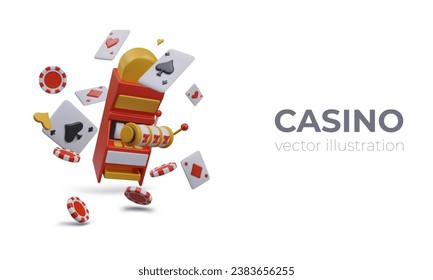 Poster with slot machine with flying chips and cards near. Win in poker machine. Casino, winning jackpot, online web game. Vector illustration in 3D style