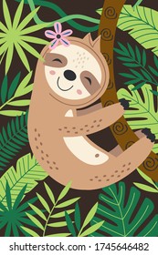 poster with sloth hanging on a branch among tropical plants
 -  vector illustration, eps