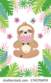 poster sloth with watermelon among tropical plants
 -  vector illustration, eps