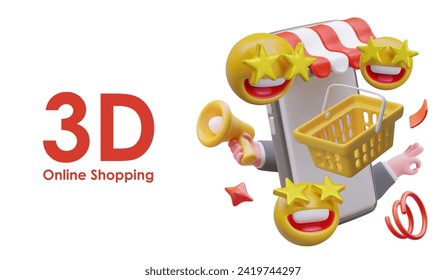 Poster with smartphone, flying shopping basket, emoji with star eyes, and hand holding megaphone