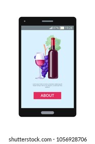 Poster with smartphone and online order button about vector mobile application lets to order natural red wine from grapes, wooden barrel on background