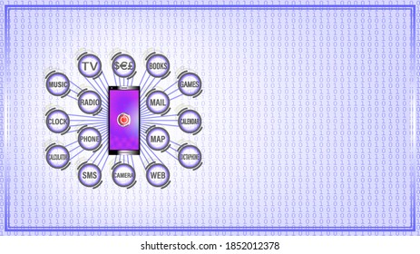 Poster. Smartphone with a purple screen and a start button. Icons and rays. Camera, navigation, video, payments, phone, sms, music, books, web, radio, map,  games, mail. EPS10