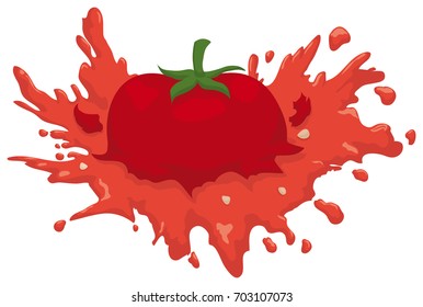 Poster with a smashed juicy tomato with some seeds, isolated in white background.