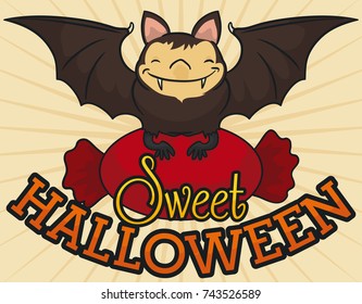 Poster with smiling bat holding a giant wrapped hard candy and wishing you a sweet Halloween.