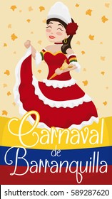 Poster with smiling beautiful Barranquilla's Carnival (written in Spanish) Queen showing her traditional dress in the event and flower rain.