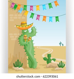 Poster with smiling cactus in sombrero with maracas. Funny greeting card. Colorful flags and desert mexican landscape with cacti. Flat style vector illustration.