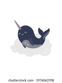 Poster with smiling celestial narwhal, magic sea animal with horn. Print for nursery, postcards or invitation. Hand drawn vector illustration in modern flat cartoon style isolated on white background