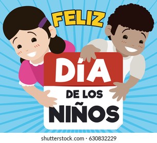 Poster with smiling children holding a loose-leaf calendar with greeting sign to celebrate a happy Children's Day (written in Spanish).