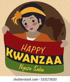 Poster with smiling dark skinned girl holding a traditional flag for Kwanzaa celebration over a brown button with Africa silhouette.