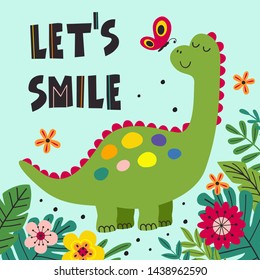 afiche con dinosaurio sonriente - ilustración vectorial, pasos
