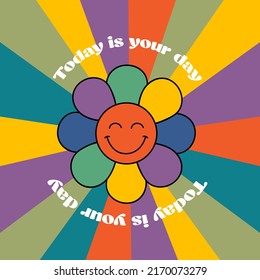 poster with smiling  flower on rainbow background