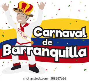 Poster with smiling Momo King celebrating the Barranquilla's Carnival (written in Spanish) over the Colombian flag and confetti.