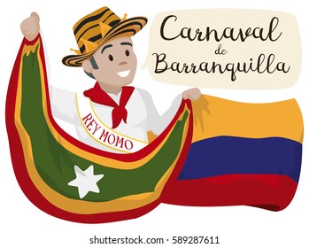 Poster with smiling Momo King holding the Barranquilla and Colombia flag in the celebration of the Barranquilla's Carnival (written in Spanish in the speech bubble).