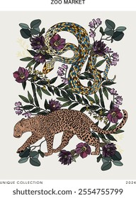 A poster of snake, leopard and flowers on a light background creates a vibrant and intricate design.	