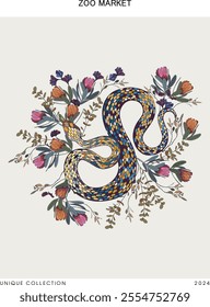 A poster of snakes and flowers on a light background, creating a vibrant and intricate design.	