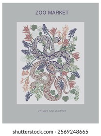 A poster of snakes and flowers on a light background, creating a vibrant and intricate design.	