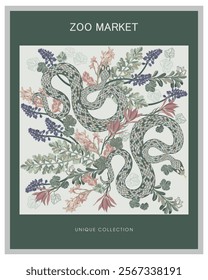 A poster of snakes and plants with intricate details of serpentine shapes intertwined with various flora.