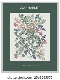 A poster of snakes and plants with intricate details of serpentine shapes intertwined with various flora.