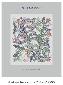  A poster of snakes and plants with intricate details of serpentine shapes intertwined with various flora.