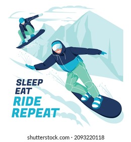 Poster with snowboarders in the background of a mountain winter landscape. Extreme sports. Active lifestyle. Flat vector illustration.
