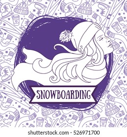 poster for snowboarding with woman's profile, vector illustration