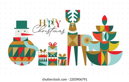 Poster snowman, present box, deer, tree lettering happy Christmas in cubism style drawing on light background