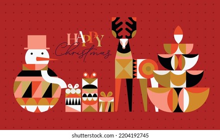 Poster snowman, present box, deer, tree lettering happy Christmas in cubism style drawing on red background