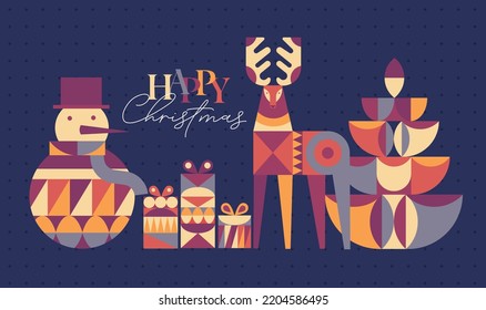 Poster snowman, present box, deer, tree lettering happy Christmas in cubism style drawing on blue background