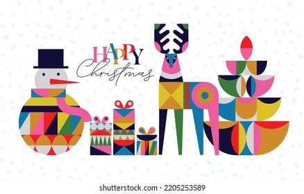 Poster snowman, present box, deer, tree lettering happy Christmas in cubism style drawing on white background