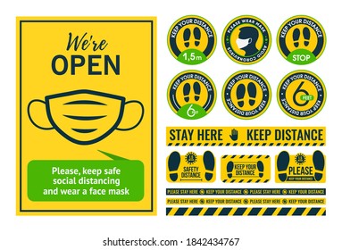 Poster social distancing. Large collection of social distance floor stickers, round and linear. For printing. Install where there are a lot of people. In yellow and green tones. Against coronavirus