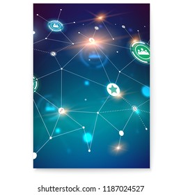 Poster with social network, perspective view of scheme on communication technology in social network. Global symbols of interactive interaction. 3D vector illustration. Template for cover, banner