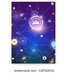 Poster with social network. Scheme on communication technology in social network. Global symbols of interactive interaction. Blurred backdrop, 3D vector illustration. Template for cover, banner.