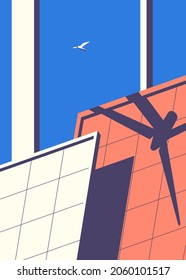 Afiche con paneles solares y cielo azul. El diseño de la plaza en estilo plano.
