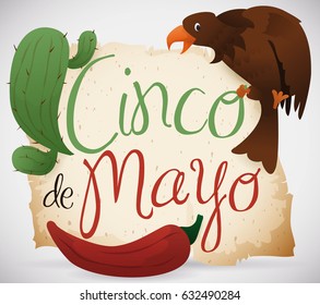 Poster with some traditional elements of Mexican culture to celebrate Cinco de Mayo (written in Spanish): eagle, cactus and chili pepper with greeting scroll.