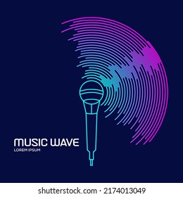 Poster of the sound microphone. Vector illustration Vector illustration of recording music on dark background.