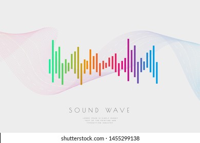 Poster of the sound wave from equalizer. Music soundwave design, light bright elements isolated on light gray backdrop with wave. Abstract background consist of lines elements. Vector illustration