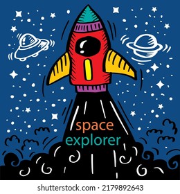 Poster space explorer in space, with planets, stars, rocket. 