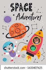 
poster with space koala and rocket on gray background
 - vector illustration, eps    