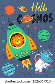 poster with space lion and hippo in rocket - vector illustration, eps    
