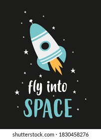 afiche con cohete espacial y letras vuelan al espacio en estilo escandinavo, ilustración vectorial, diseño de impresión de nave espacial con eslogan