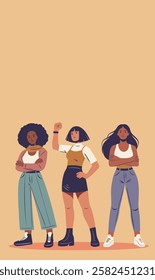 Poster with space for text for women's day, equality day, women's month, feminism. Women of different skin colors and nationalities stand together in protest poses for freedom and empowerment of women