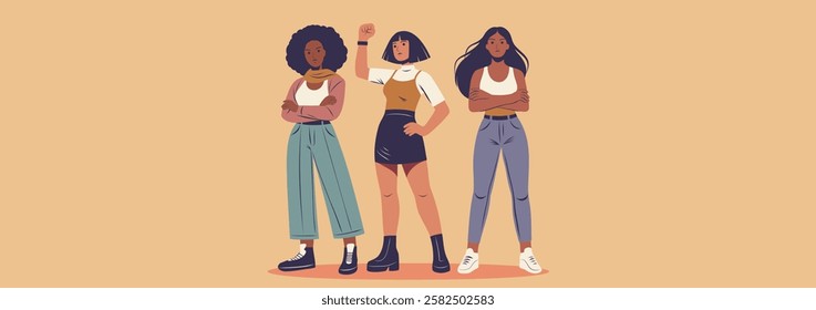 Poster with space for text for women's day, equality day, women's month, feminism. Women of different skin colors and cultures stand together in protest poses for freedom and women's empowerment