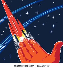 Poster space theme, people sent into space, image of a human hand and missiles. The collection space.