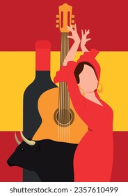 Poster of spain. spanish elements. Flag background. Simple and minimalist retro poster with traditional essence. Flamenca, Spanish guitar, red wine, bull and flag