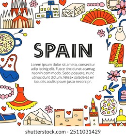 Cartaz com marcos nacionais espanhóis e atrações em estilo doodle isolado no fundo branco. Banner de boas-vindas. Conceito de turismo espanhol.