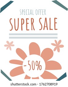 Poster special offer super sale banner, design concept ads brochure isolated on white, flat vector illustration. Advertisement business flyer, closeout -50 percent promotional booklet.