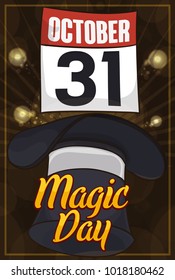 Poster for spectacular magic show at night with a top hat, floating calendar and fireworks display, commemorating the date for Magic Day in October 31.