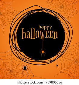 Poster with a spider web and spiders The text of Happy Halloween for invitations to a holiday and a party October 31 Congratulation to Halloween Banner for sales and discounts Design postcards Vector