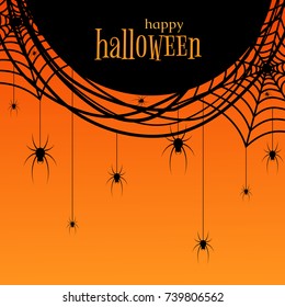 A poster with a spider web and spiders The text of Happy Halloween for invitations to a holiday and a party October 31 Congratulation to Halloween Banner for sales and discounts Design Header Vector