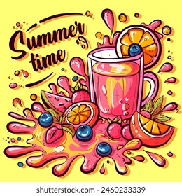 Poster with spilled fruit juice, lemonade and exotic fruits. Citrus fruity splash with lemon slices, blueberries and strawberries with the text "summer time"